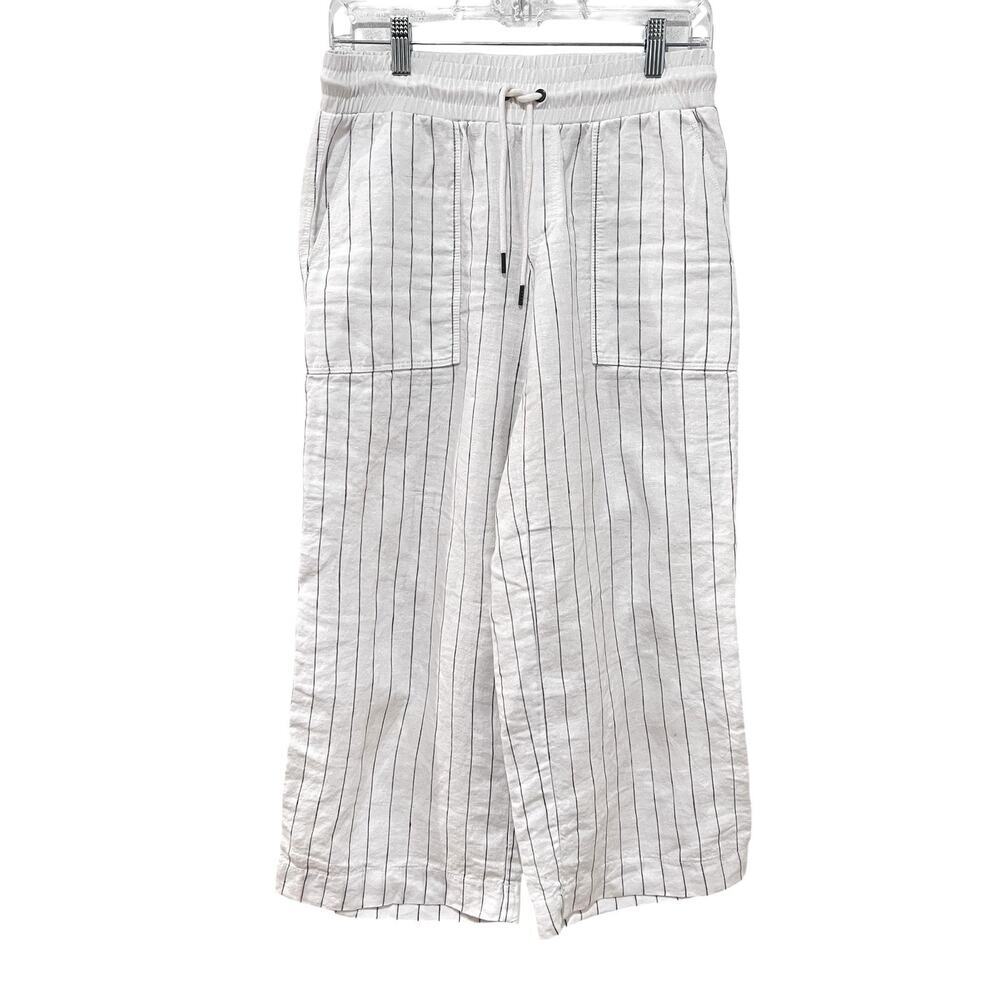 Athleta Womens Pants 4 White Linen Wide Leg Cropped Striped Drawstring Waist